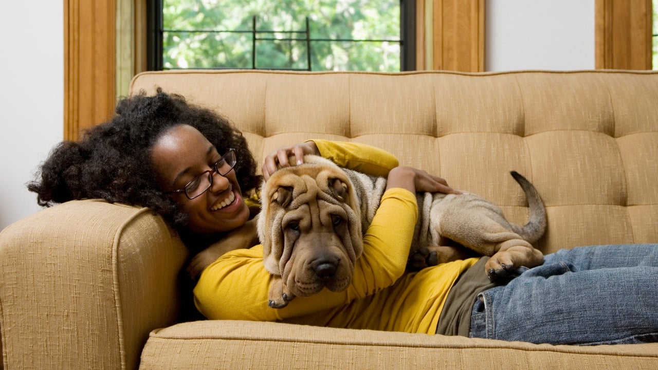 A woman lying on a couch at home with her pet dog