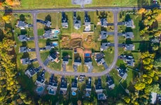 Aerial view of a suburban neighborhood near Syracuse, NY.