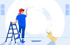 Illustration depicting man painting interior mural with dog