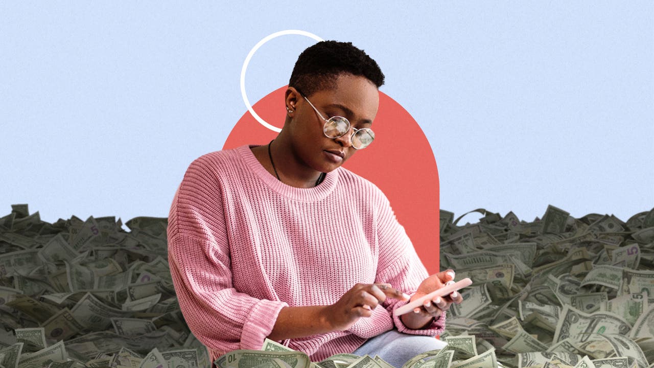 Illustration of a young college student sitting in a pile of money against a blue backdrop