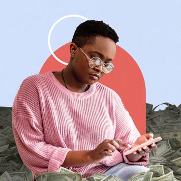 Illustration of a young college student sitting in a pile of money against a blue backdrop