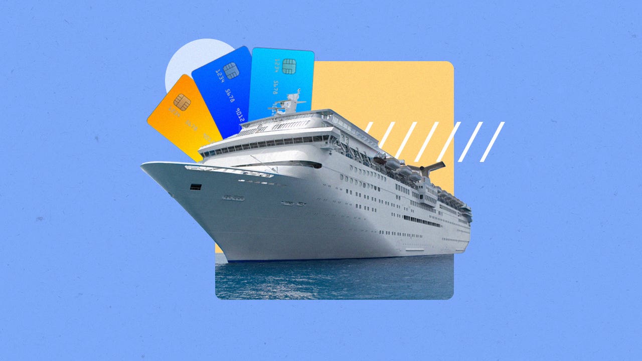 design element including a cruise ship and an unfurling of credit cards in the left upper quadrant of the image