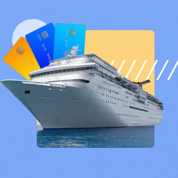 design element including a cruise ship and an unfurling of credit cards in the left upper quadrant of the image