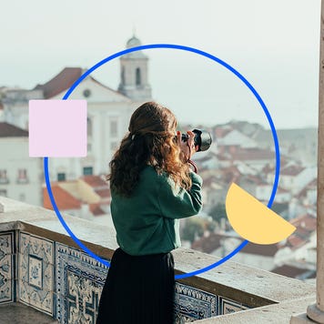 design element including a women taking a photo from a balcony