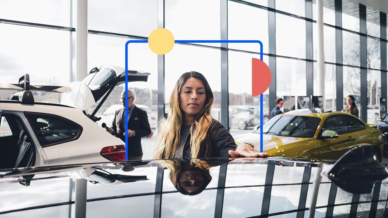 Illustration of woman looking at a new vehicle at a car dealership
