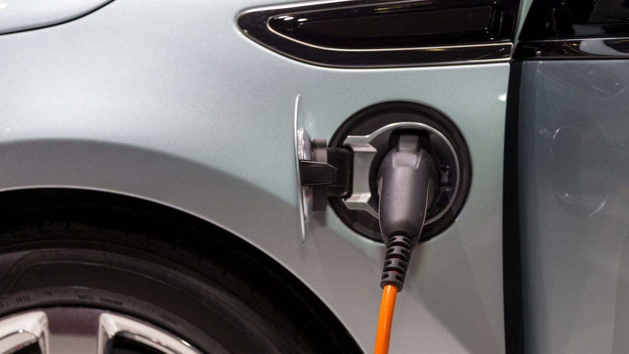 Close up of plug in electric car
