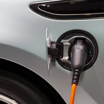 Close up of plug in electric car