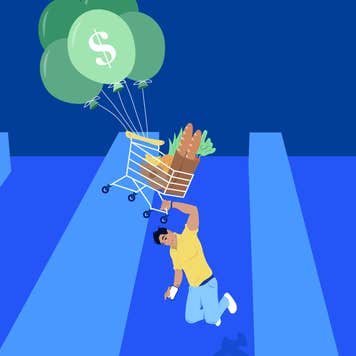 Illustration depicting man lifting off the ground via attached dollar sign balloons