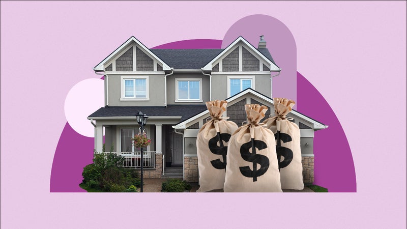 Illustration of money bags in front of a house
