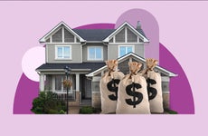 Illustration of money bags in front of a house
