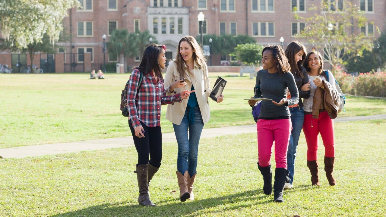 Group of college students walks on campus
