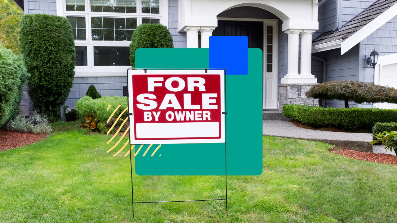 Image of a front lawn with a "For Sale By Owner" sign