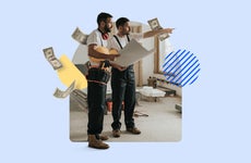 Illustrated collage featuring contractors discussing a project