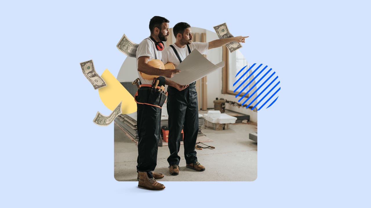 Illustrated collage featuring contractors discussing a project