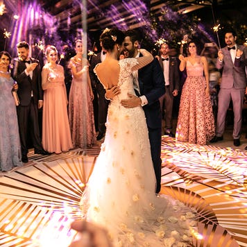 bride and groom dancing at wedding reception