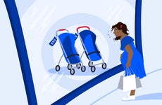 Illustration depicting a child and strollers and money