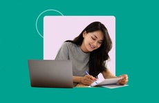 Illustrated graphic featuring a woman looking over paperwork