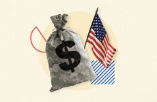 Illustrated collage featuring a money bag made of UCP fabric and an American flag