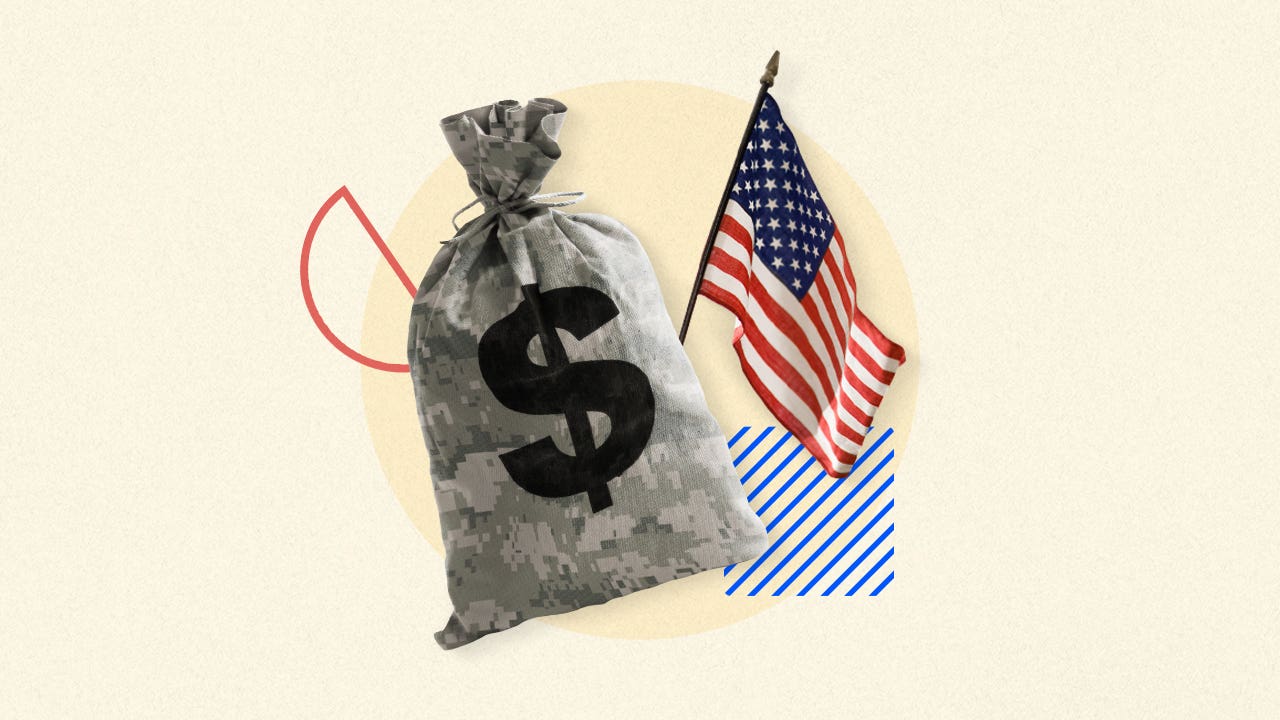 Illustrated collage featuring a money bag made of UCP fabric and an American flag