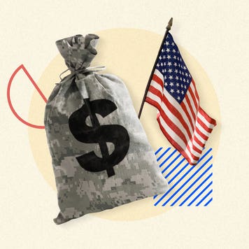 Illustrated collage featuring a money bag made of UCP fabric and an American flag