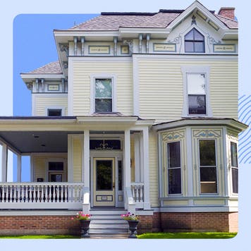 Illustrated collage featuring a historic home