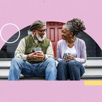 Illustrated collage featuring an older couple enjoying warm beverages on a porch
