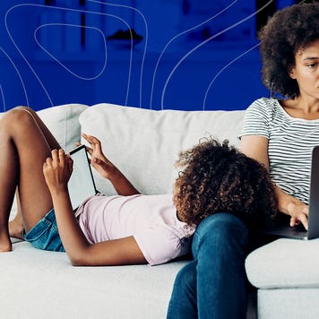 Woman sits with children illustration