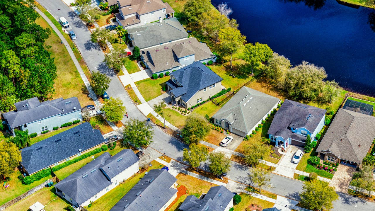 aerial view of suburban houses on a street in Florida