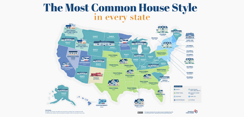 Una imagen de un mapa de EE. UU. que muestra estilos de hogar comunes