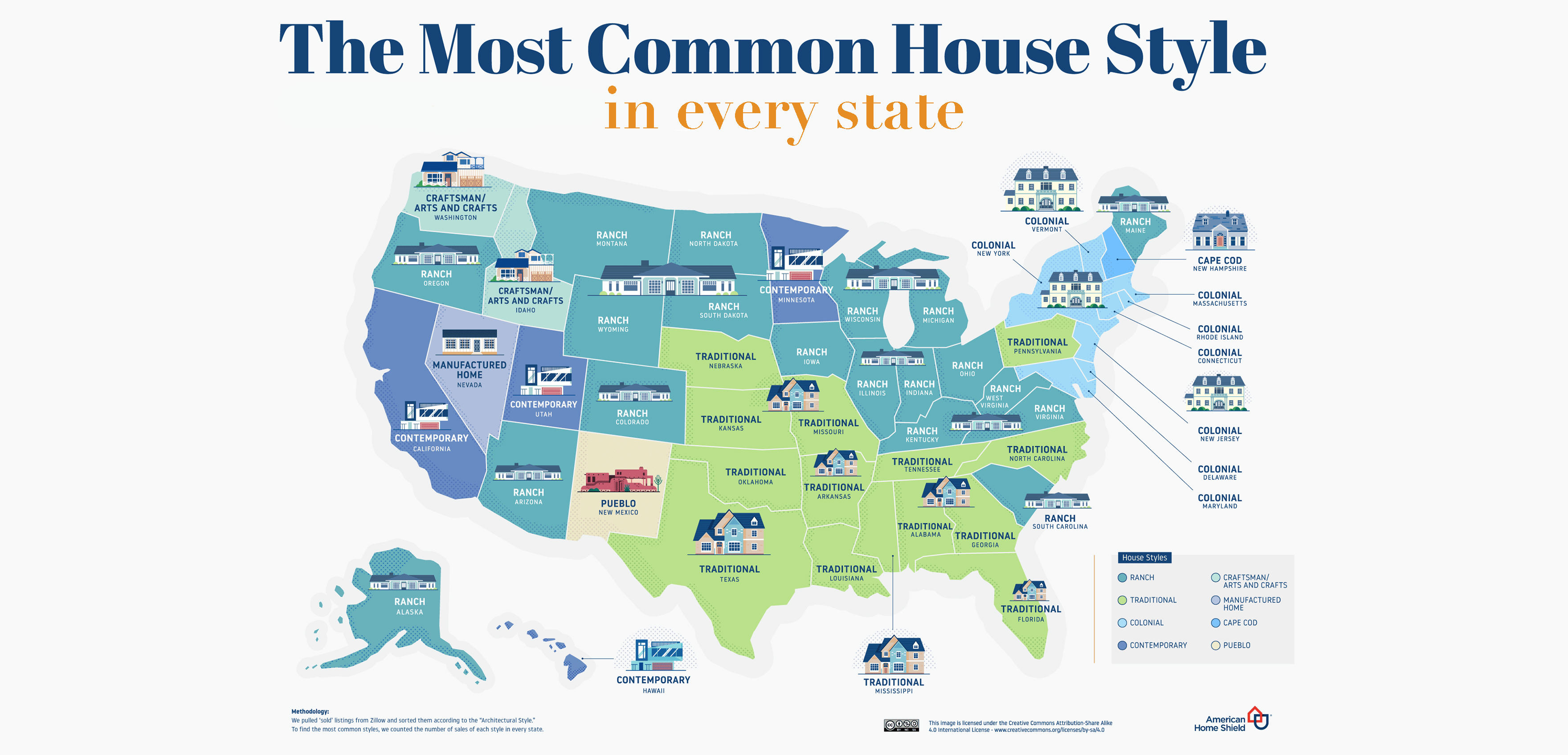 Image of US map showing popular home styles