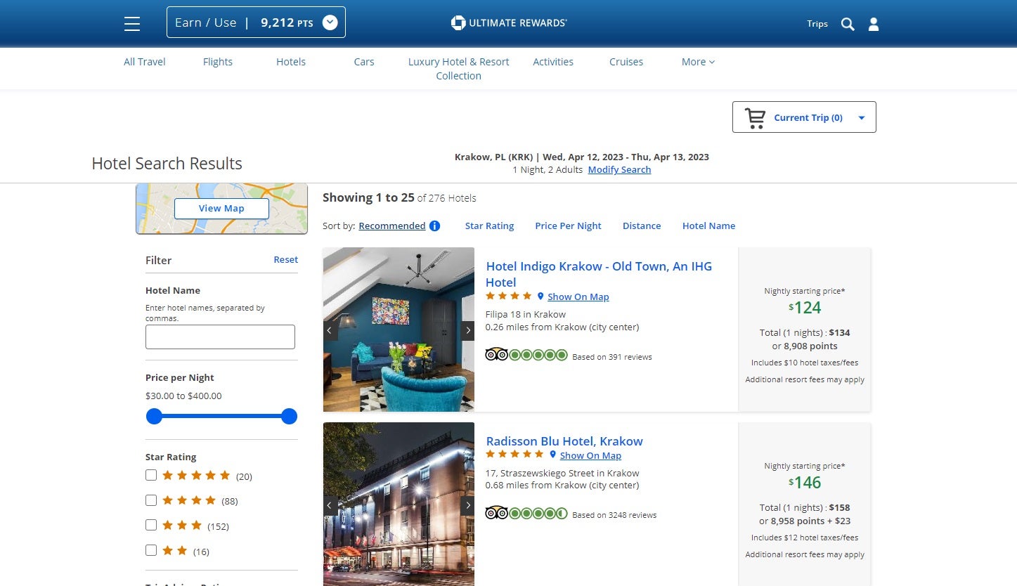 screenshot of hotel search results