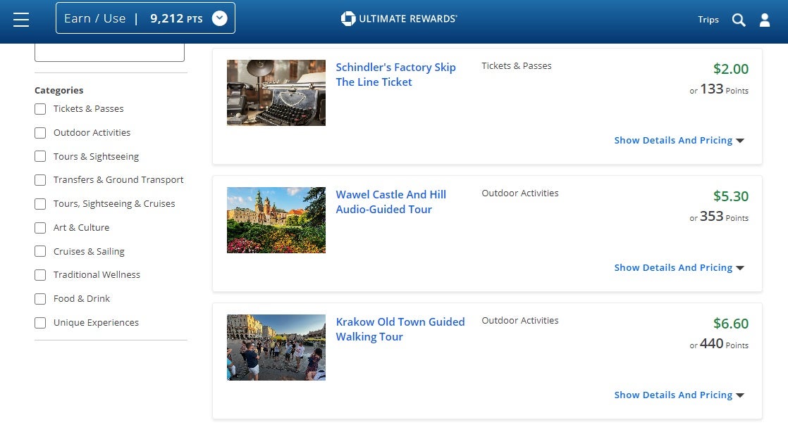 screenshot of hotel search results and prices