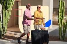 design element inlcuding an older couple walking outside with their luggage