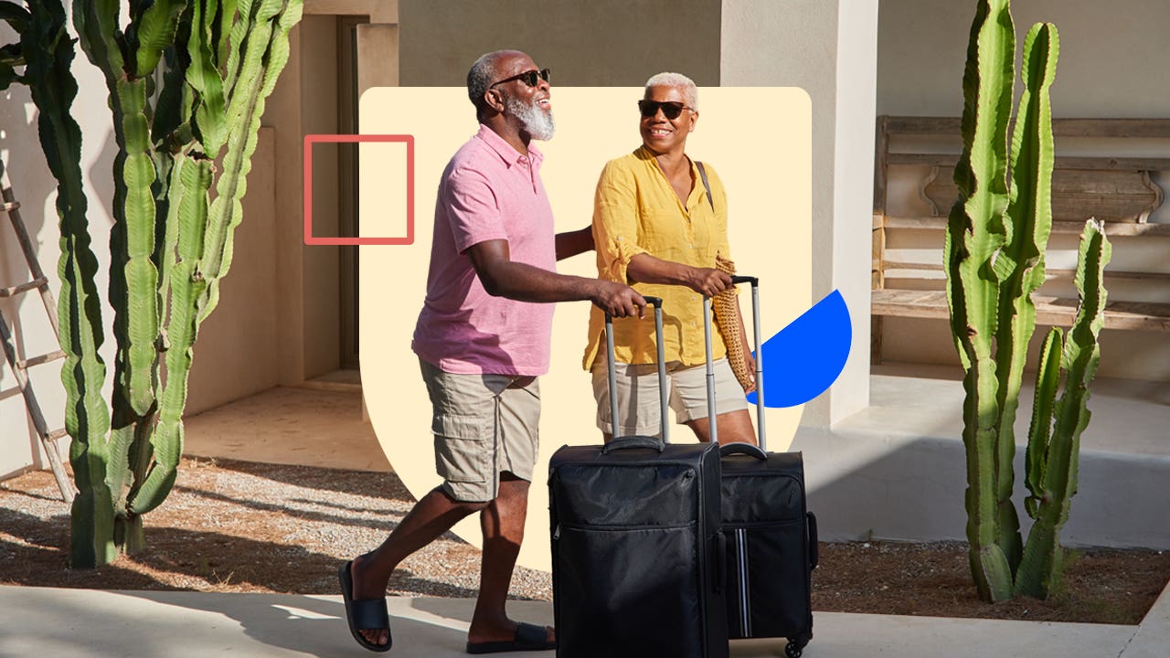 design element inlcuding an older couple walking outside with their luggage