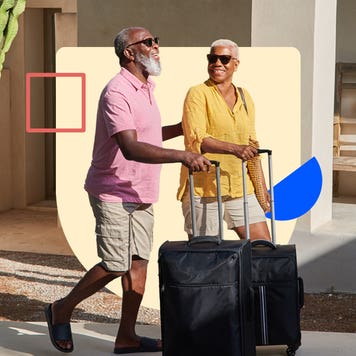 design element inlcuding an older couple walking outside with their luggage