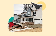 Illustrated graphic featuring the construction of a driveway in front of a house