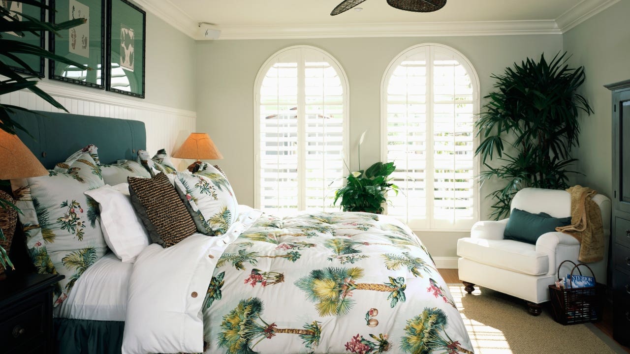 A master bedroom with beach-inspired decor
