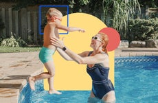 Illustrated design featuring a young child jumping into a parents arms in a swimming pool