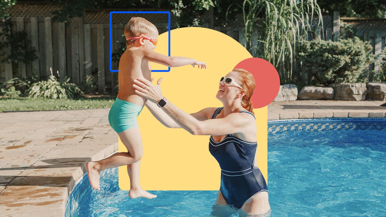 Illustrated design featuring a young child jumping into a parents arms in a swimming pool