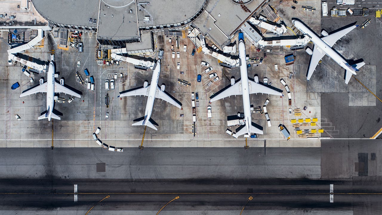 aerial view of planes at an airport