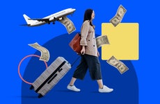 custom design element a female traveler with money and a plane around her