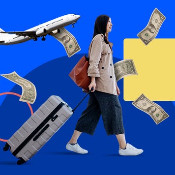 custom design element a female traveler with money and a plane around her