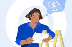 Illustration depicting person looking stressed at paperwork with a ladder