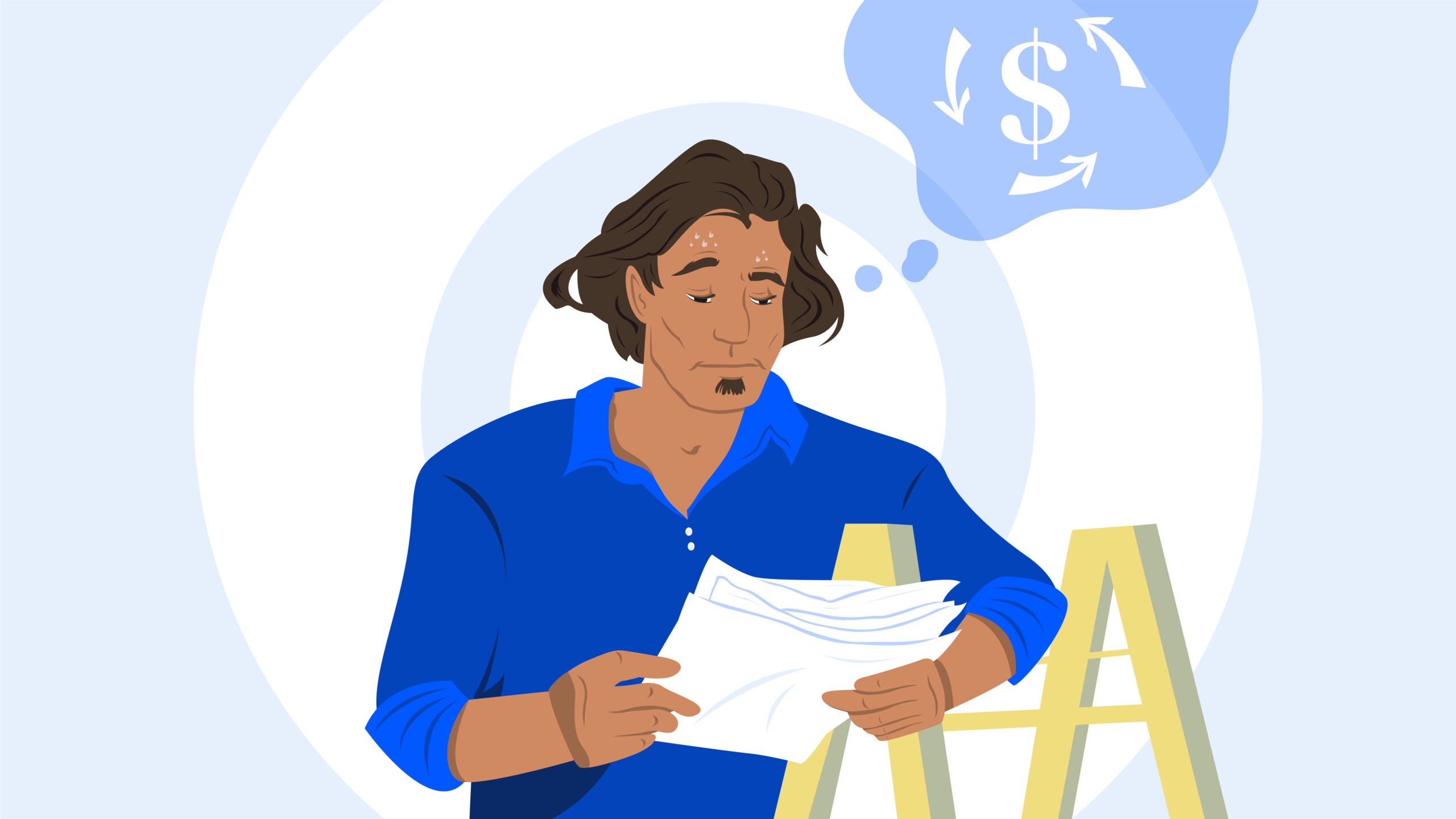 Illustration depicting person looking stressed at paperwork with a ladder