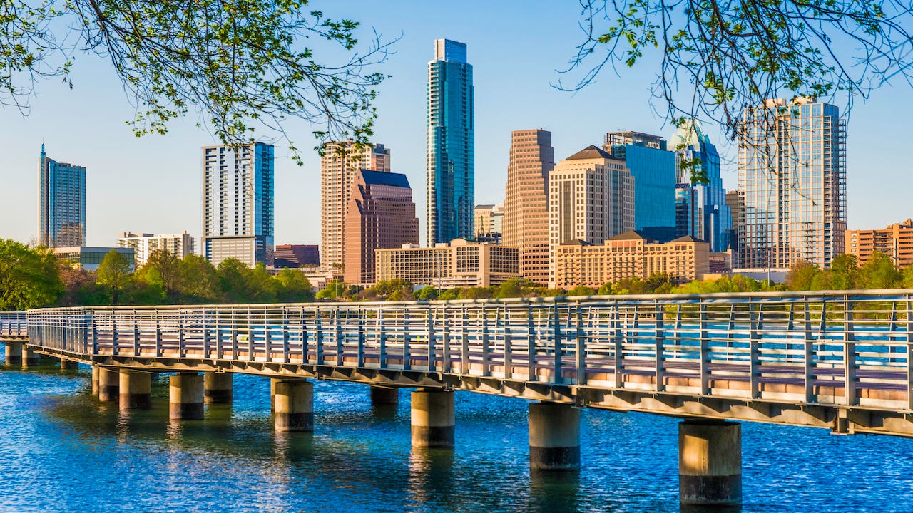 Austin, Texas - Lady Bird Lake Boardwalk Trail, with skyline