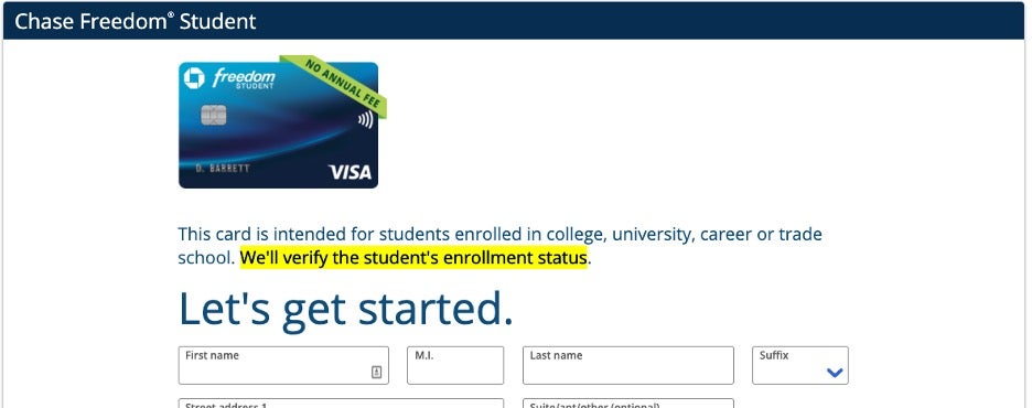 screenshot of Chase Freedom student card application