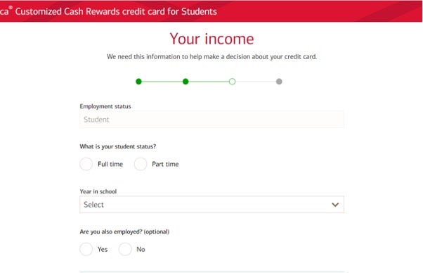 screenshot of bank of america customized cash rewards for students credit card application