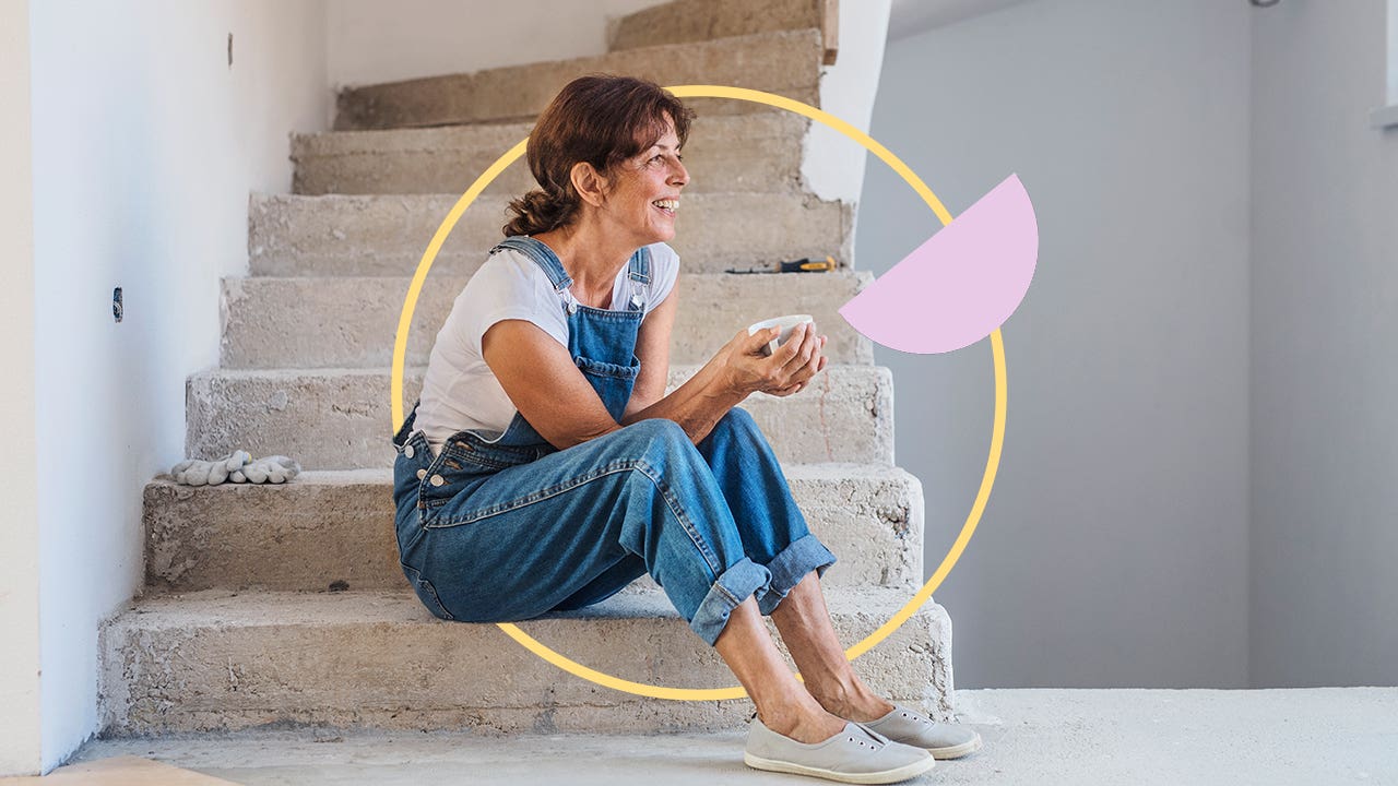 Image of a woman sitting on stairs with illustrated graphics behind her