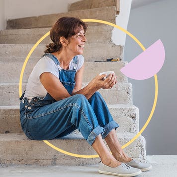 Image of a woman sitting on stairs with illustrated graphics behind her