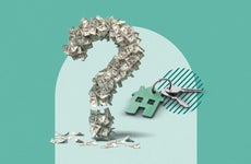 Illustrated graphic design featuring several money bills forming the shape of a question mark